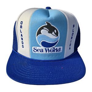 Vintage 1986 SeaWorld Orlando Florida Snapback Trucker Hat Blue White Foam Front